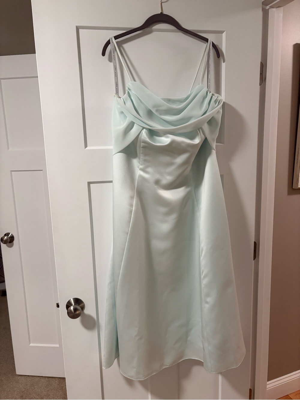 Alfred Angelo Pale Mint Green Satin Midi Dress with Draped Cowl